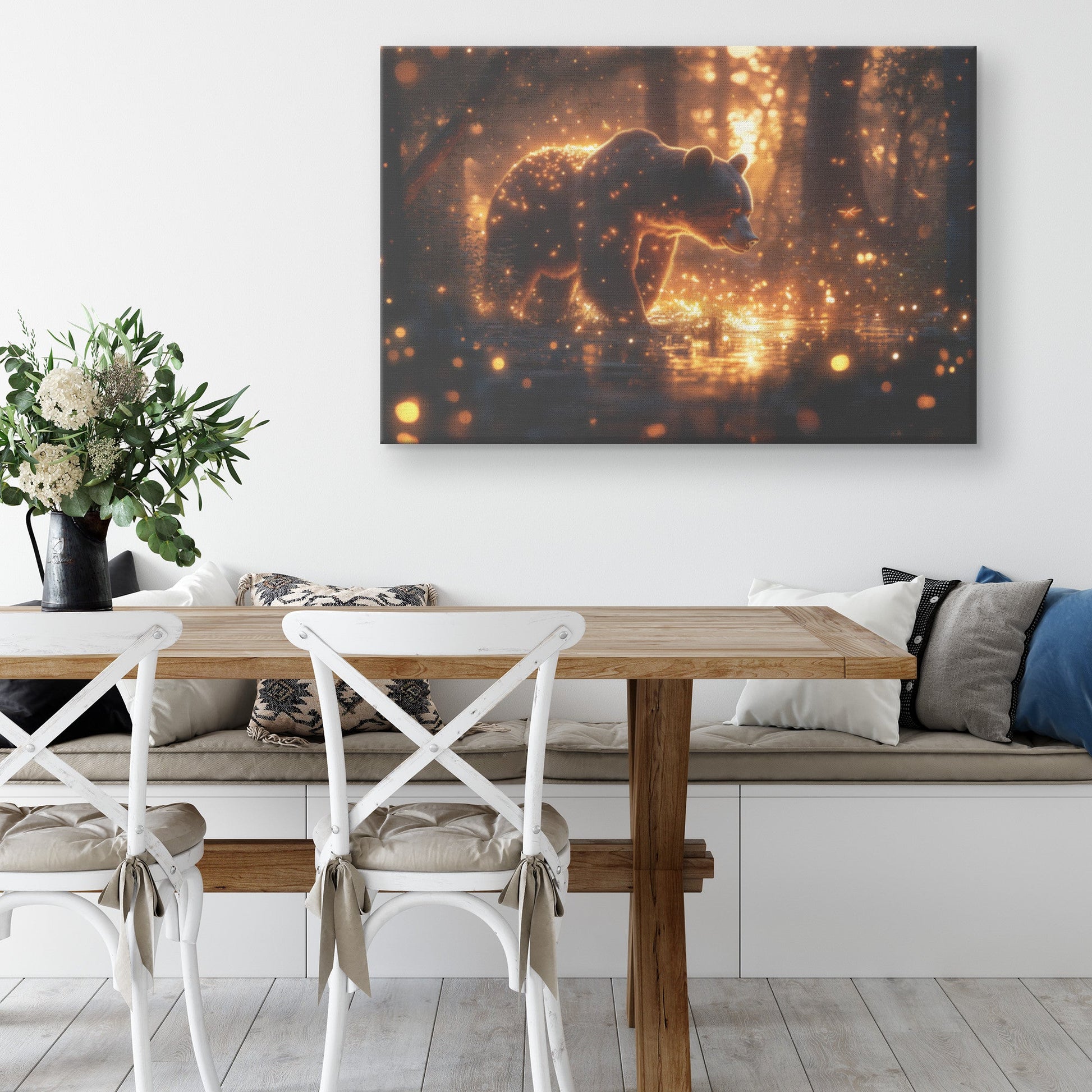 Black Bear in Glowing Bioluminescent Forest at Twilight Shimmering Plants Fireflies Canvas Wall Art Decor For Home - Awakening Righteousness