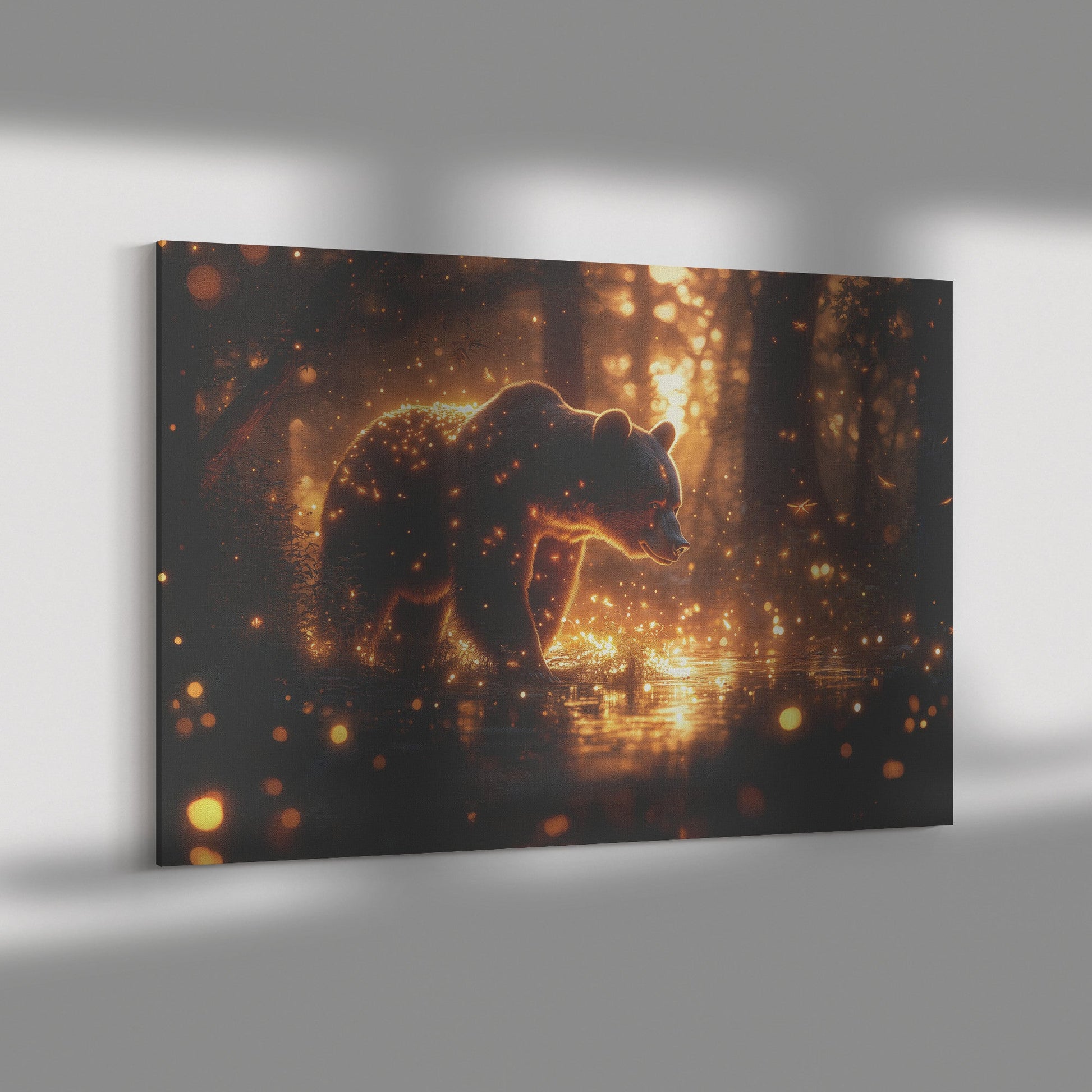 Black Bear in Glowing Bioluminescent Forest at Twilight Shimmering Plants Fireflies Canvas Wall Art Decor For Home - Awakening Righteousness