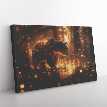 Black Bear in Glowing Bioluminescent Forest at Twilight Shimmering Plants Fireflies Canvas Wall Art Decor For Home - Awakening Righteousness