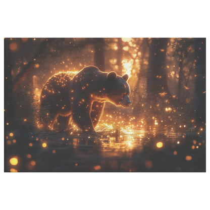 Black Bear in Glowing Bioluminescent Forest at Twilight Shimmering Plants Fireflies Canvas Wall Art Decor For Home - Awakening Righteousness