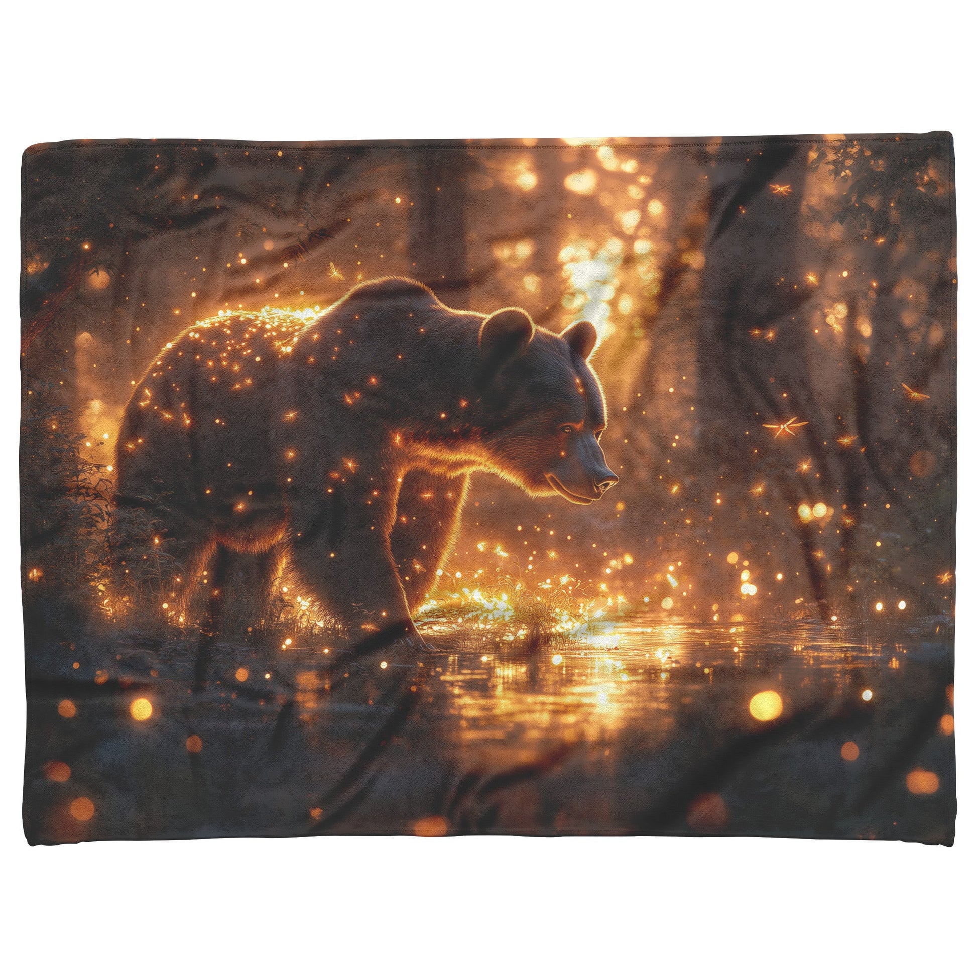 Black Bear in Glowing Bioluminescent Forest Twilight Shimmering Plants Fireflies Magical Fleece Sherpa Blanket - Awakening Righteousness