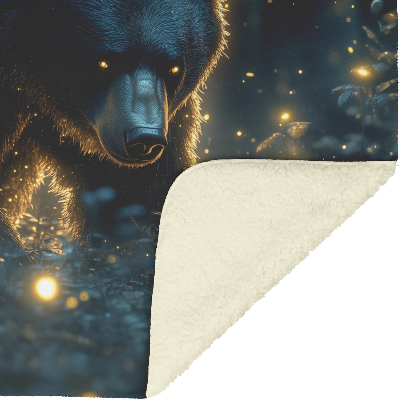 Black Bear in Glowing Bioluminescent Forest Twilight Shimmering Plants Fireflies Magical Fleece Sherpa Blanket - Awakening Righteousness