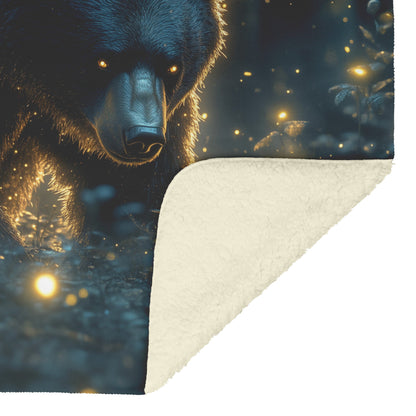 Black Bear in Glowing Bioluminescent Forest Twilight Shimmering Plants Fireflies Magical Fleece Sherpa Blanket - Awakening Righteousness