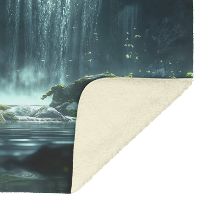Black Bear Near Glowing Waterfall Mossy Rocks Ethereal Mist Magical Woodland Fleece Sherpa Blanket - Awakening Righteousness