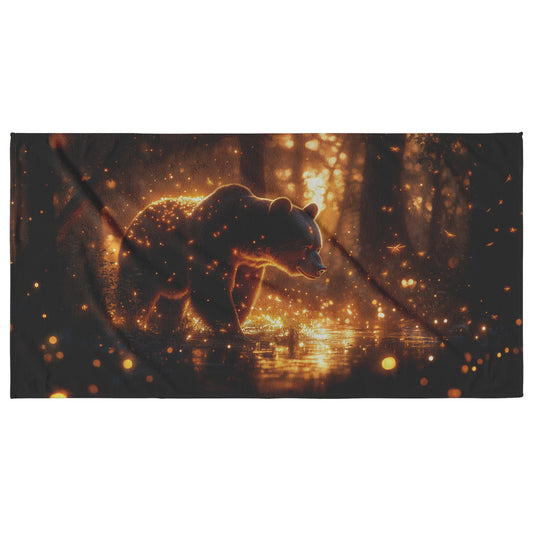 Black Bear Walking Through Glowing Bioluminescent Forest at Twilight Surrounded by Shimmering Plants and Fireflies Beach Towel - Awakening Righteousness