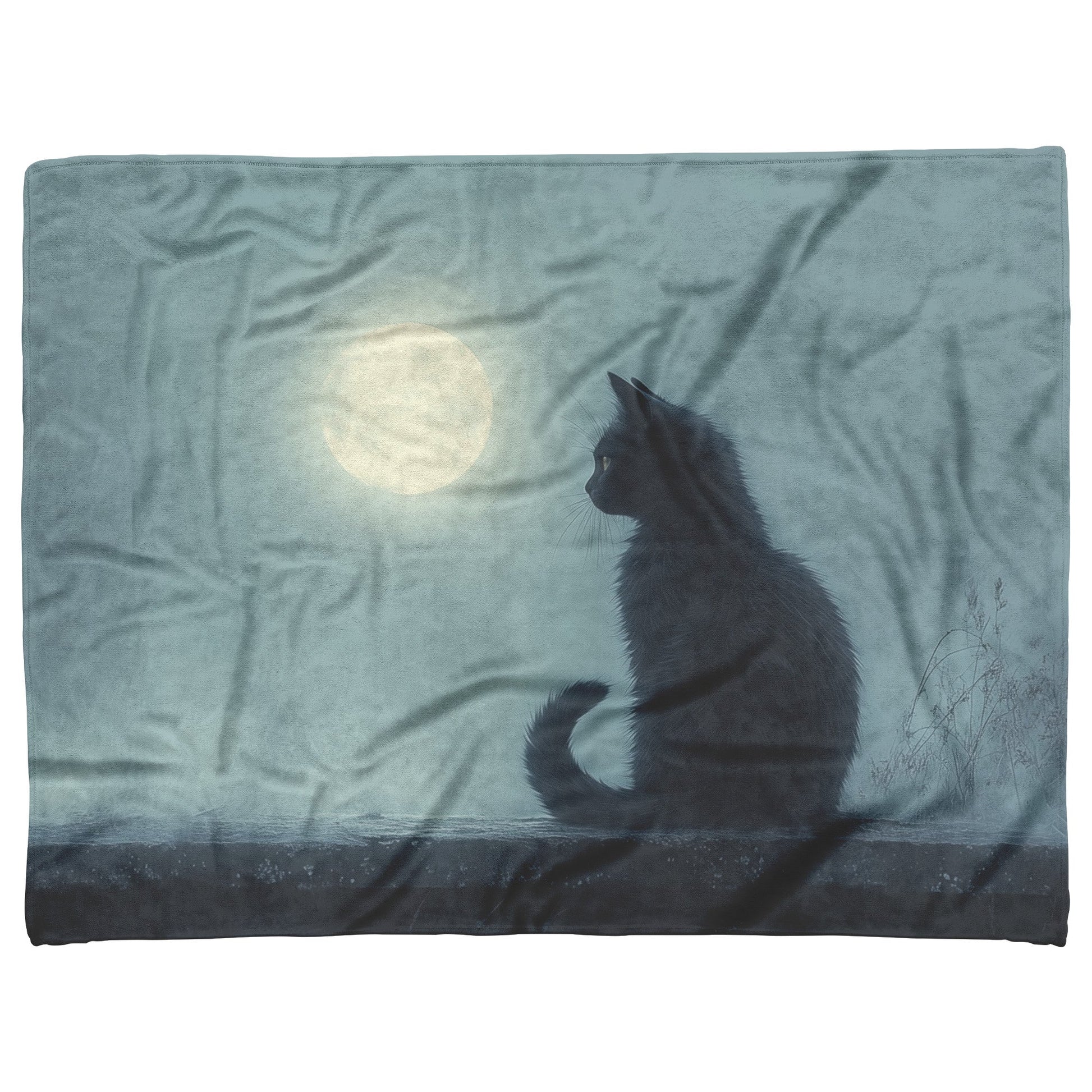 Black Cat Sitting Under Glowing Full Moon on Misty Rooftop Magical Night Atmosphere Fleece Sherpa Blanket - Awakening Righteousness