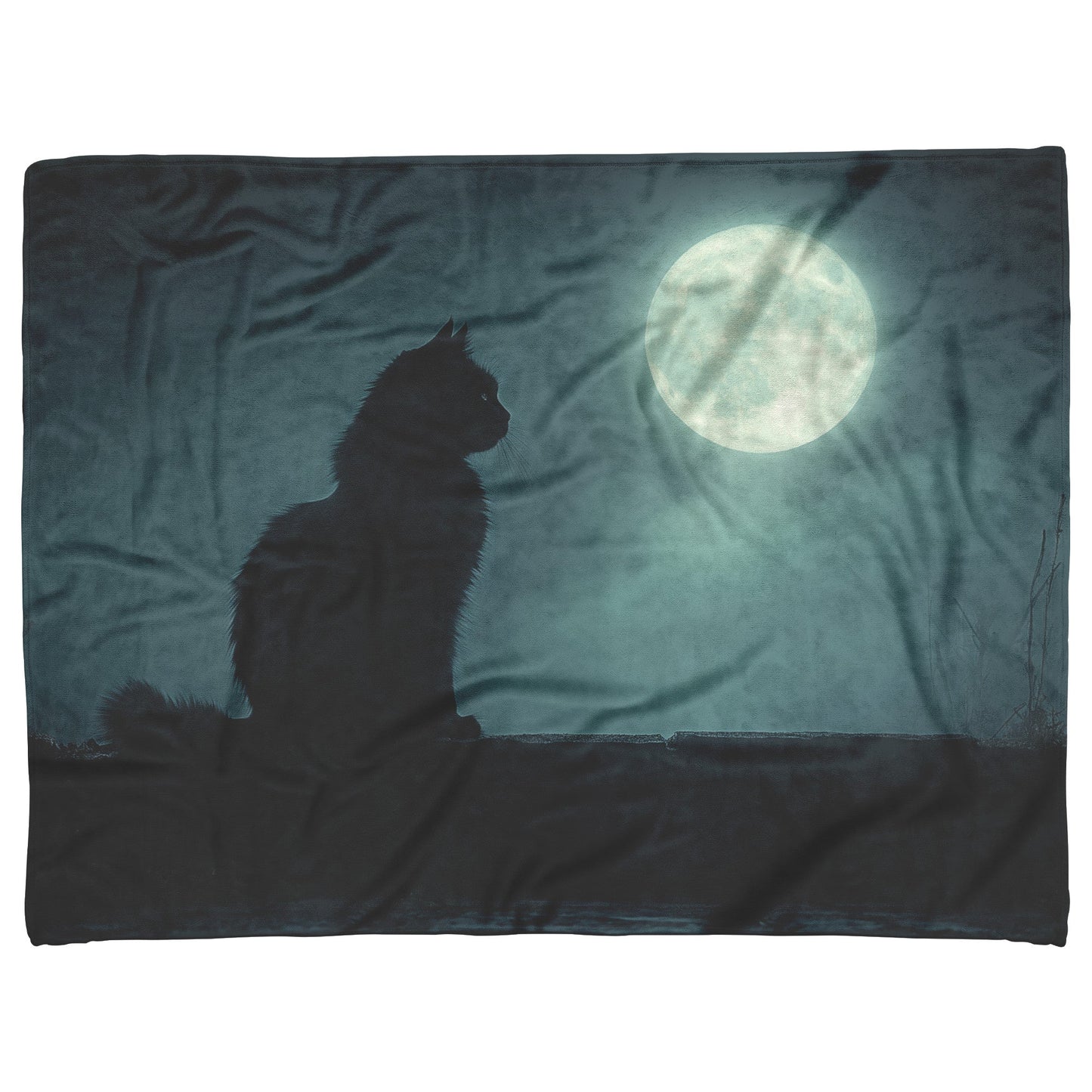 Black Cat Sitting Under Glowing Full Moon on Misty Rooftop Magical Night Atmosphere Fleece Sherpa Blanket - Awakening Righteousness