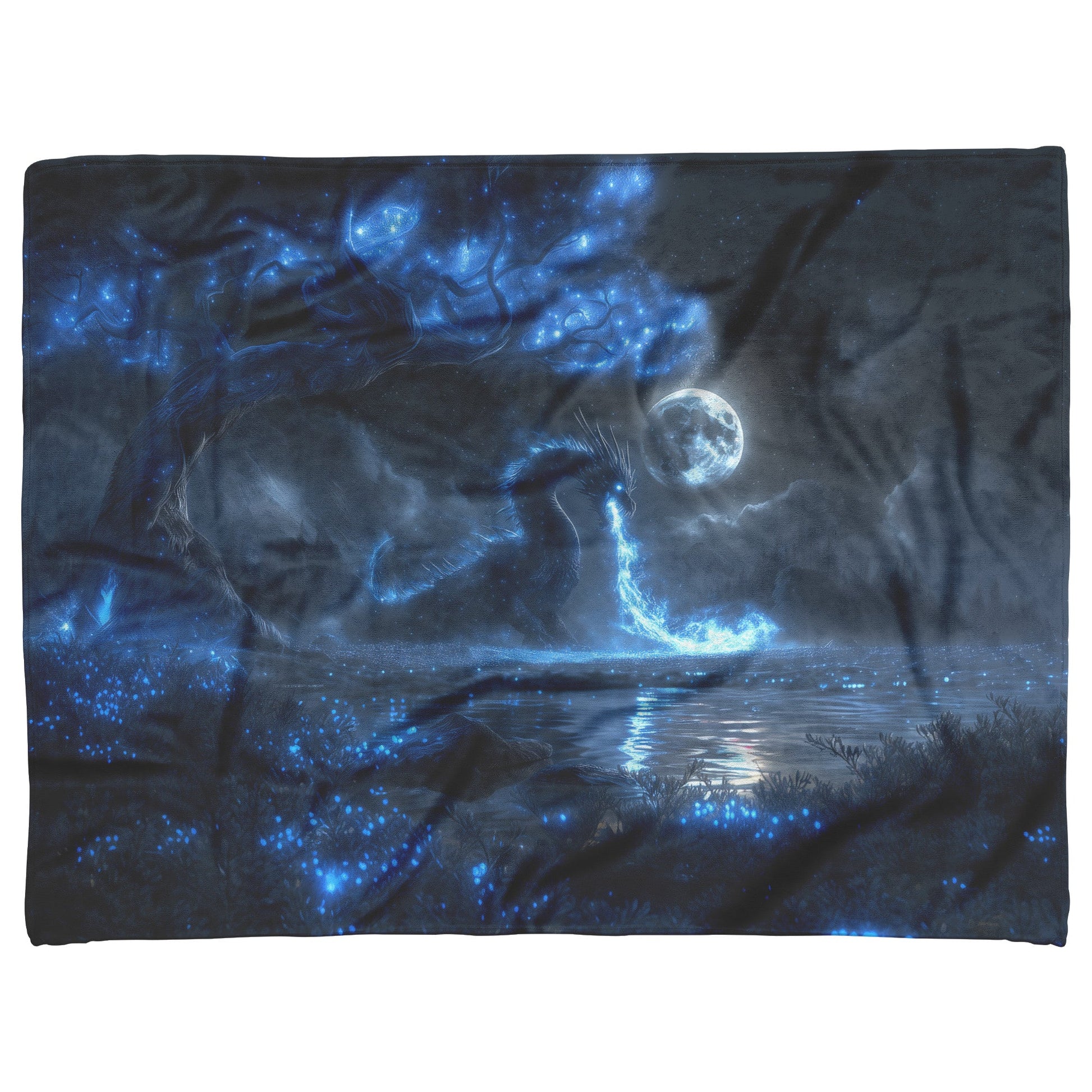 Black Dragon Breathing Blue Fire in a Glowing Bioluminescent Forest Under a Massive Full Moon Fleece Sherpa Blanket - Awakening Righteousness