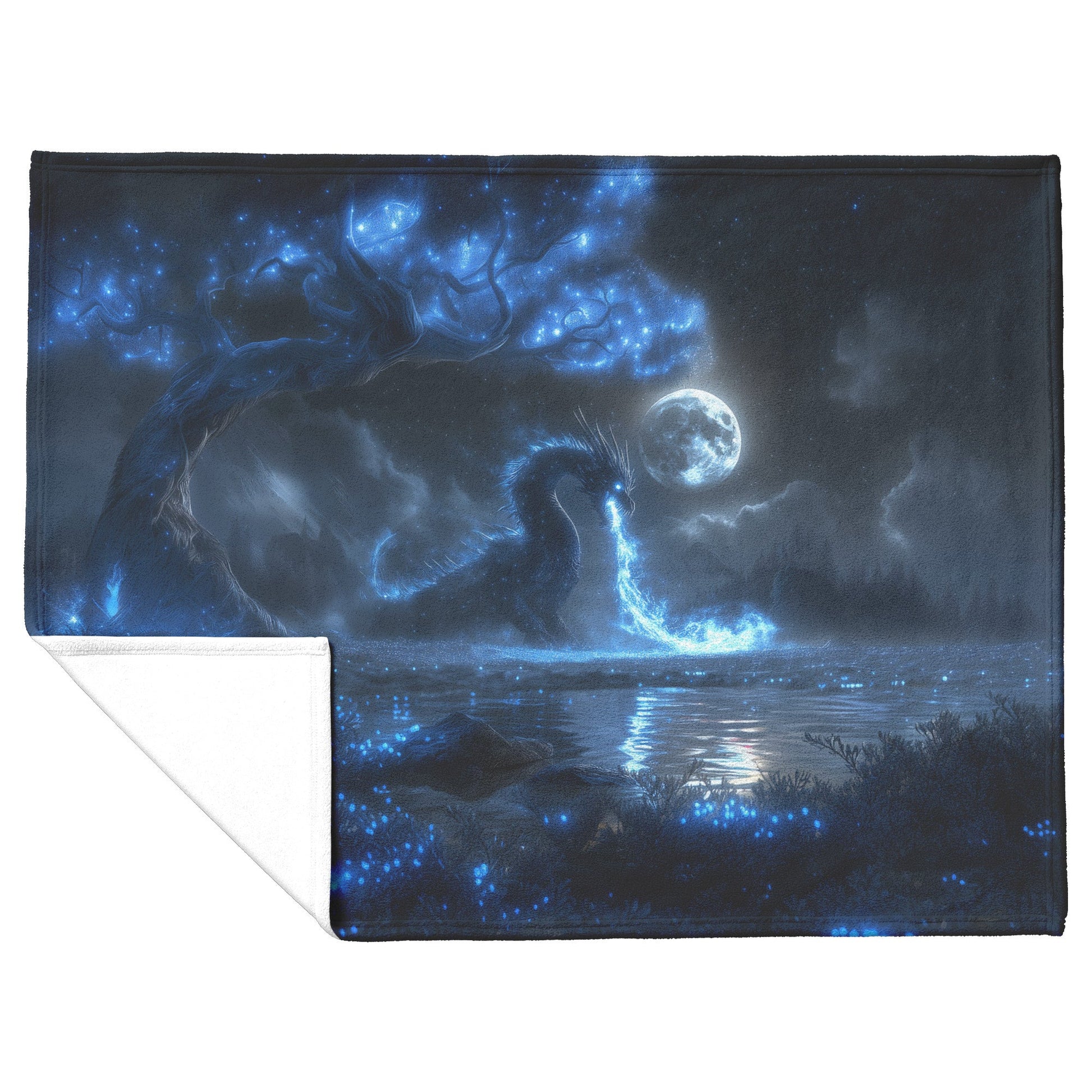 Black Dragon Breathing Blue Fire in a Glowing Bioluminescent Forest Under a Massive Full Moon Fleece Sherpa Blanket - Awakening Righteousness