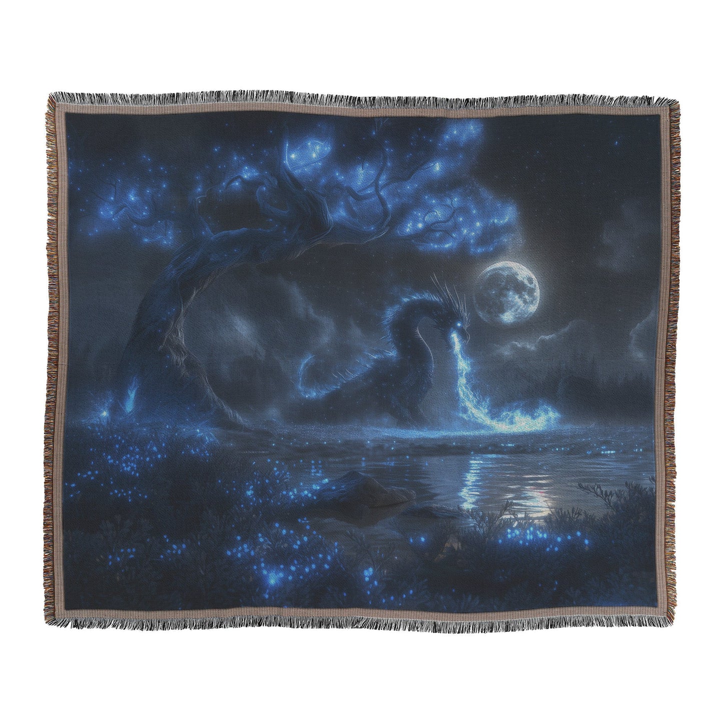 Black Dragon Breathing Blue Fire in Bioluminescent Forest Woven Throw Blanket with Full Moon and Silver Scale Highlights - Awakening Righteousness