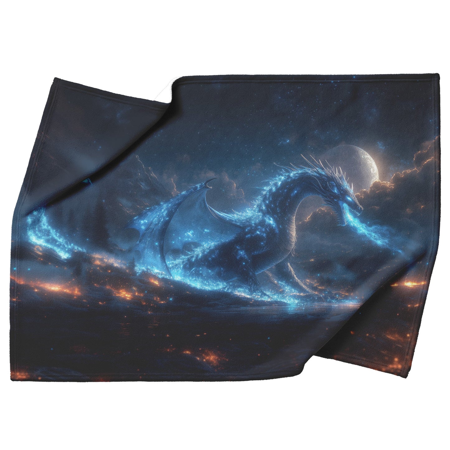 Black Dragon Breathing Blue Fire in Glowing Bioluminescent Forest Under Massive Full Moon Fleece Sherpa Blanket - Awakening Righteousness