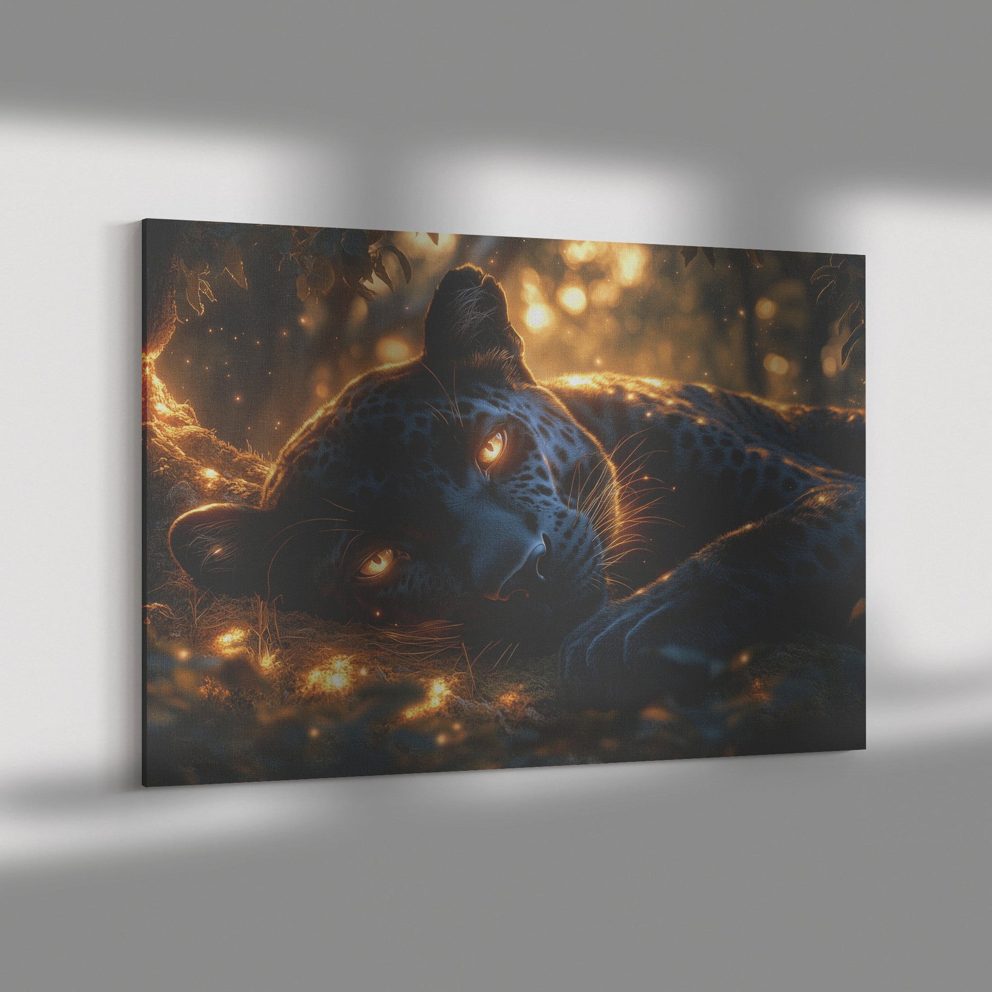 Black Leopard Resting Under Glowing Moonlight Canvas Wall Art Decor in Magical Forest with Silver Light on Sleek Fur - Awakening Righteousness