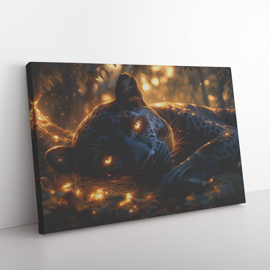Black Leopard Resting Under Glowing Moonlight Canvas Wall Art Decor in Magical Forest with Silver Light on Sleek Fur - Awakening Righteousness