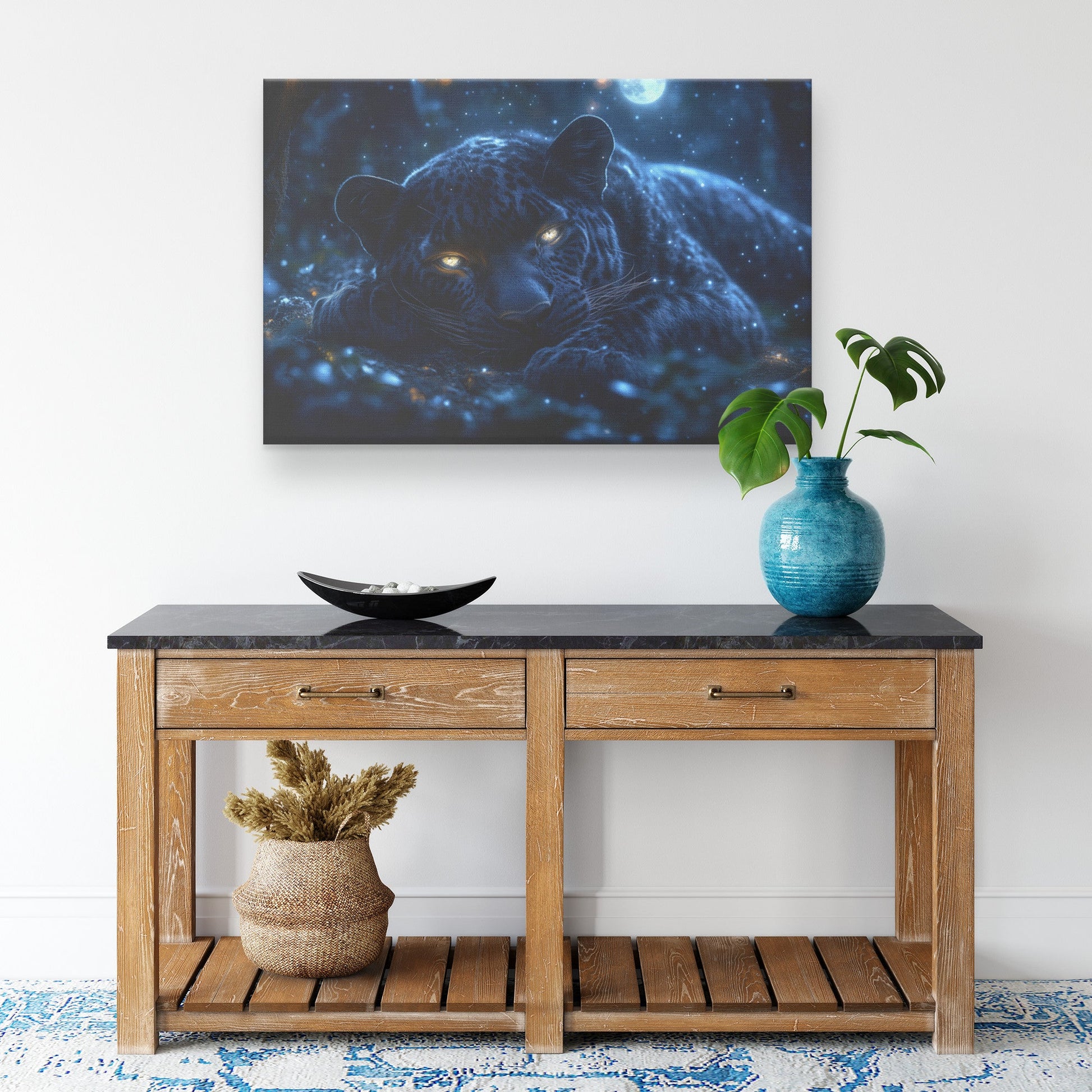 Black Leopard Resting Under Glowing Moonlight Canvas Wall Art Decor in Magical Forest with Silver Light on Sleek Fur - Awakening Righteousness