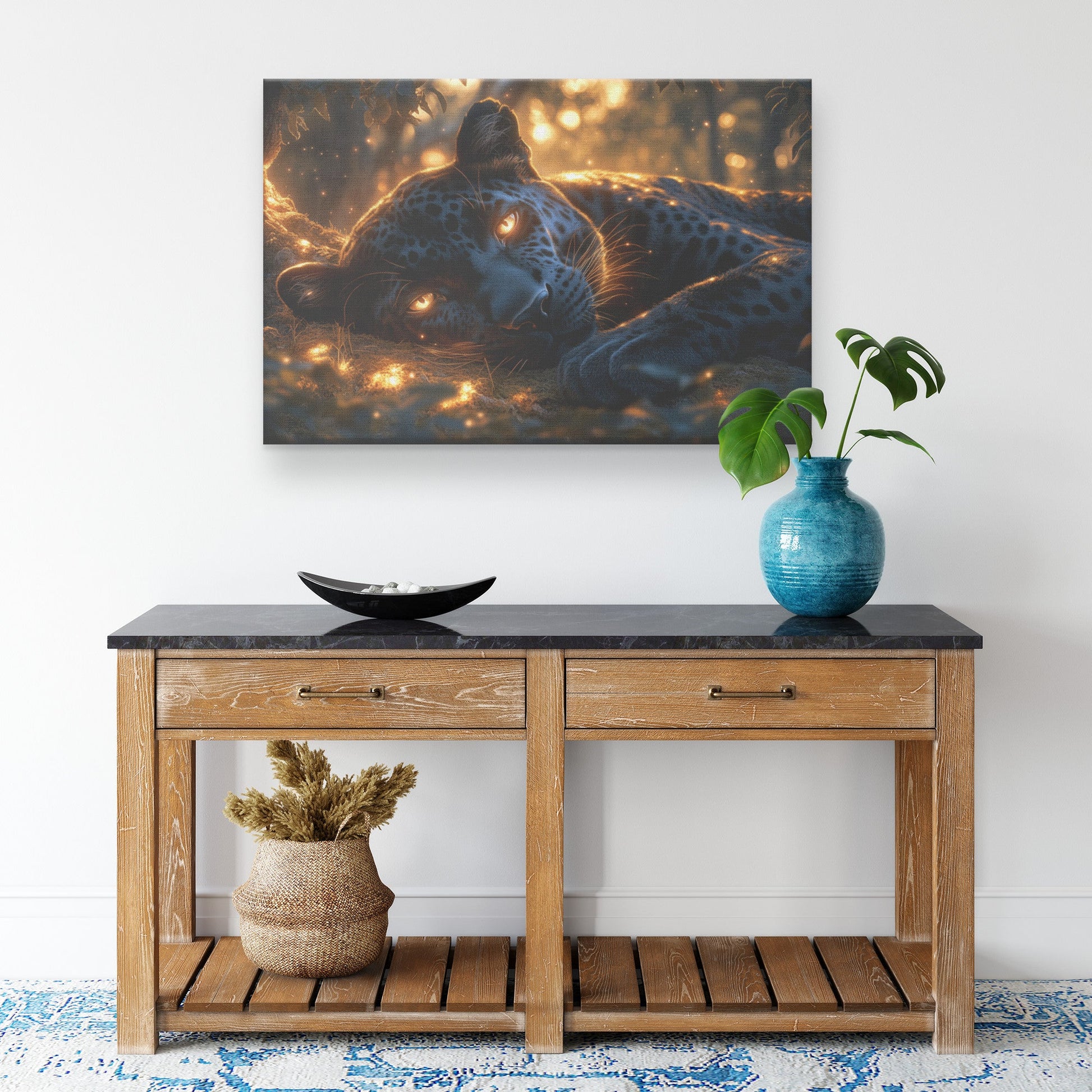 Black Leopard Resting Under Glowing Moonlight Canvas Wall Art Decor in Magical Forest with Silver Light on Sleek Fur - Awakening Righteousness