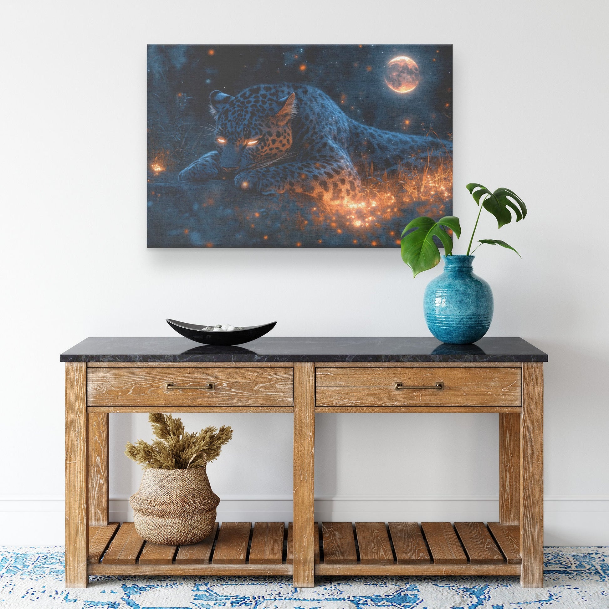 Black Leopard Resting Under Glowing Moonlight Canvas Wall Art Decor in Magical Forest with Silver Light on Sleek Fur - Awakening Righteousness