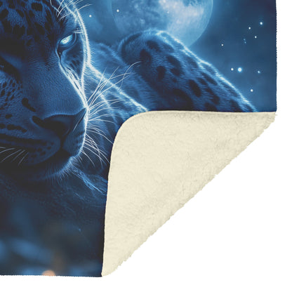 Black Leopard Resting Under Glowing Moonlight in Magical Forest Fleece Sherpa Blanket Soft and Elegant - Awakening Righteousness