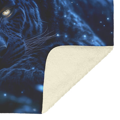 Black Leopard Resting Under Glowing Moonlight in Magical Forest with Silver Light Fleece Sherpa Blanket - Awakening Righteousness