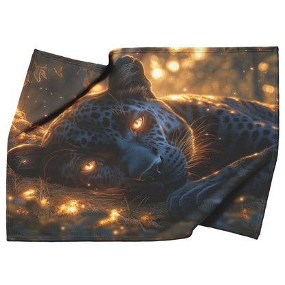 Black Leopard Resting Under Glowing Moonlight in Magical Forest with Silver Light Fleece Sherpa Blanket - Awakening Righteousness