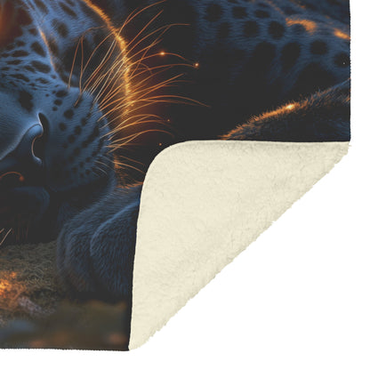 Black Leopard Resting Under Glowing Moonlight in Magical Forest with Silver Light Fleece Sherpa Blanket - Awakening Righteousness