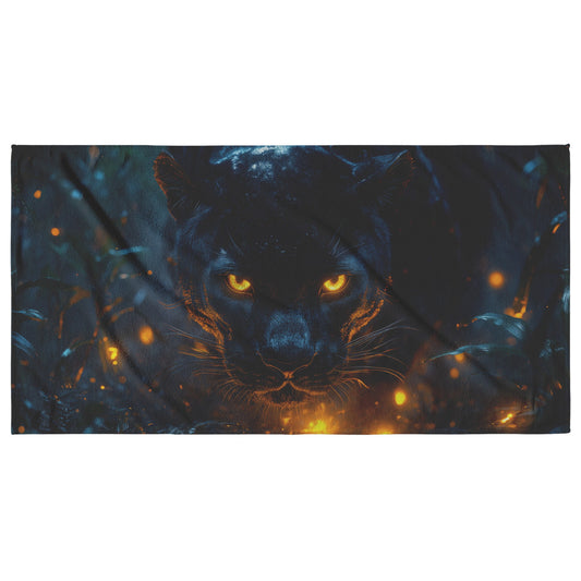 Black Panther Beach Towel with Glowing Golden Eyes Misty Jungle Bioluminescent Plants Mysterious Wildlife Design - Awakening Righteousness