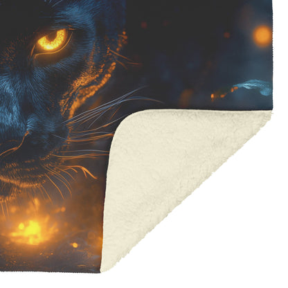 Black Panther with Glowing Golden Eyes in Misty Jungle Surrounded by Bioluminescent Plants Fleece Blanket - Awakening Righteousness