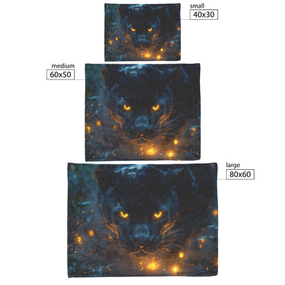 Black Panther with Glowing Golden Eyes in Misty Jungle Surrounded by Bioluminescent Plants Fleece Blanket - Awakening Righteousness