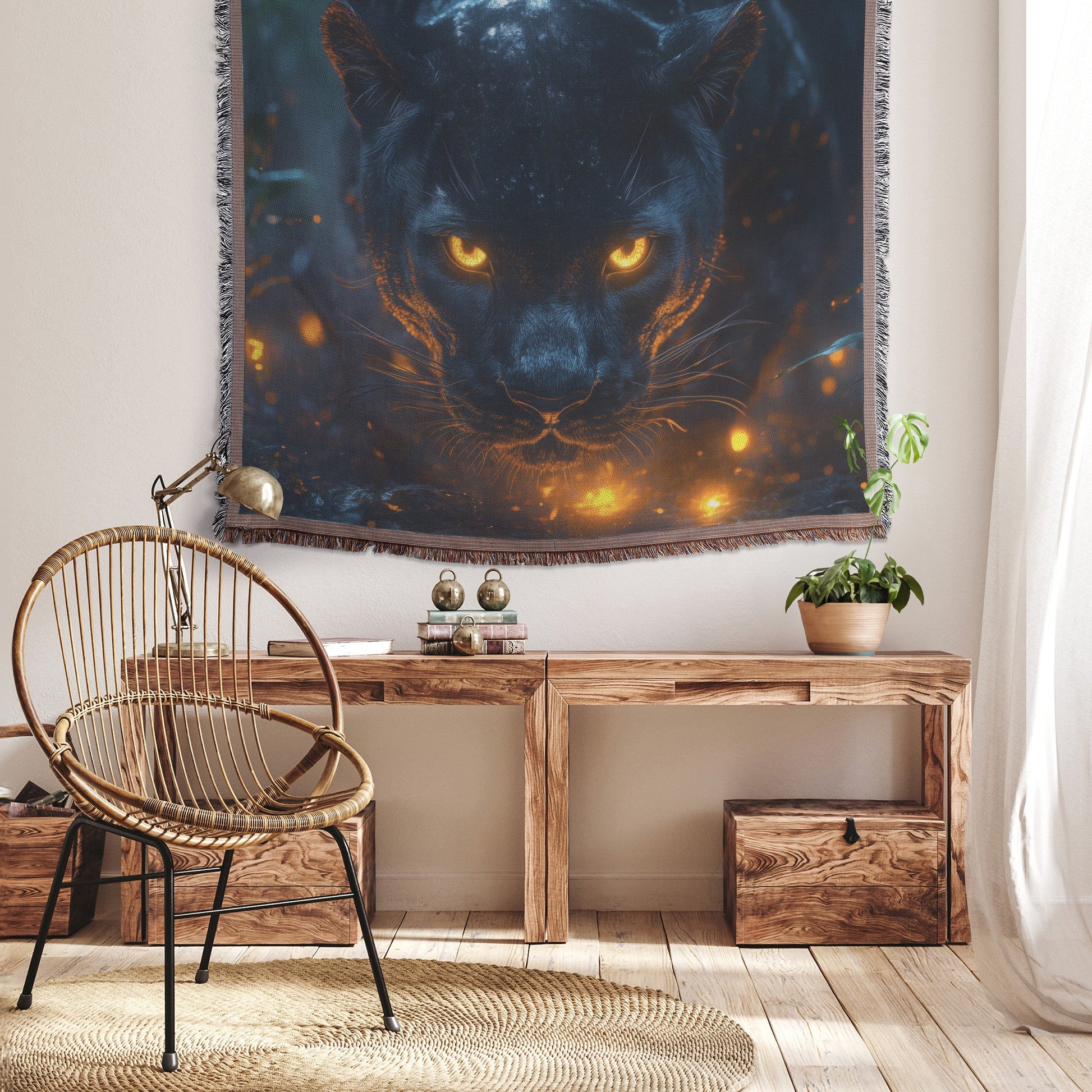 Black Panther with Glowing Golden Eyes in Misty Jungle Surrounded by Bioluminescent Plants Woven Throw Blanket - Awakening Righteousness