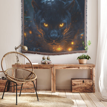 Black Panther with Glowing Golden Eyes in Misty Jungle Surrounded by Bioluminescent Plants Woven Throw Blanket - Awakening Righteousness