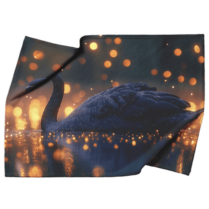 Black Swan Swimming Gracefully in Glowing Twilight Lake Surrounded by Golden Fireflies Reflecting Moonlight Fleece Sherpa Blanket - Awakening Righteousness