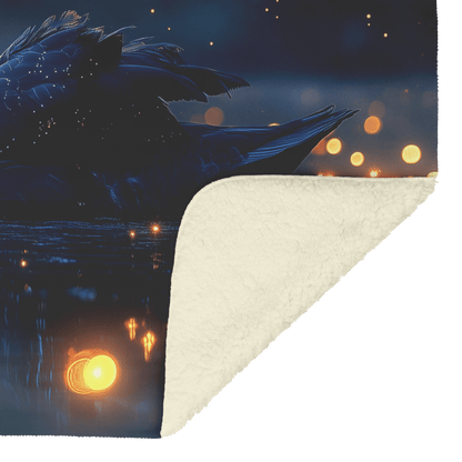 Black Swan Swimming Gracefully in Glowing Twilight Lake Surrounded by Golden Fireflies Reflecting Moonlight Fleece Sherpa Blanket - Awakening Righteousness