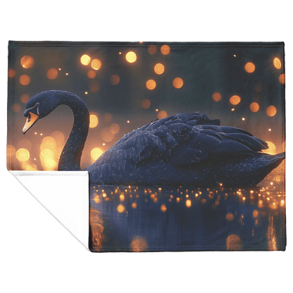 Black Swan Swimming Gracefully in Glowing Twilight Lake Surrounded by Golden Fireflies Reflecting Moonlight Fleece Sherpa Blanket - Awakening Righteousness