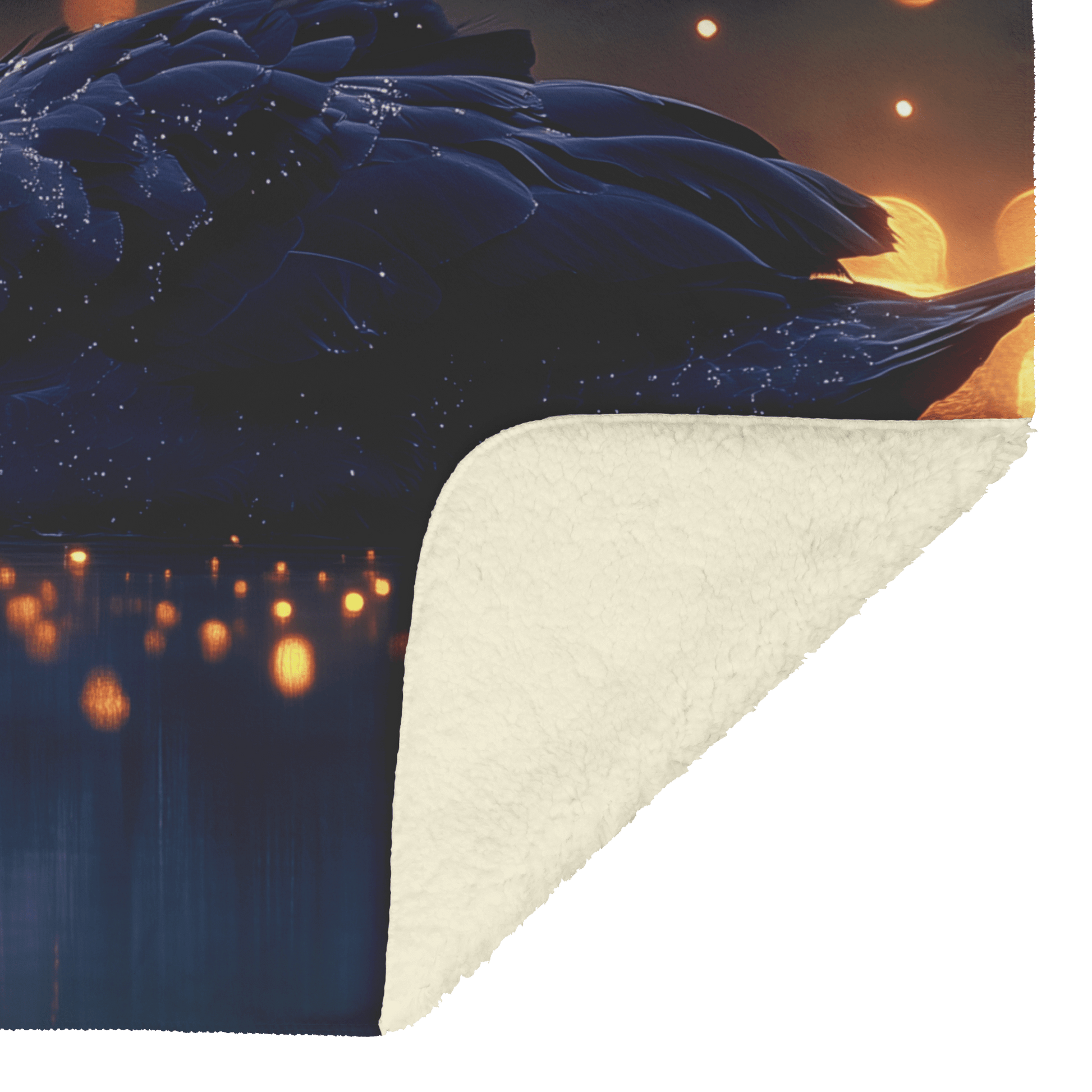 Black Swan Swimming Gracefully in Glowing Twilight Lake Surrounded by Golden Fireflies Reflecting Moonlight Fleece Sherpa Blanket - Awakening Righteousness