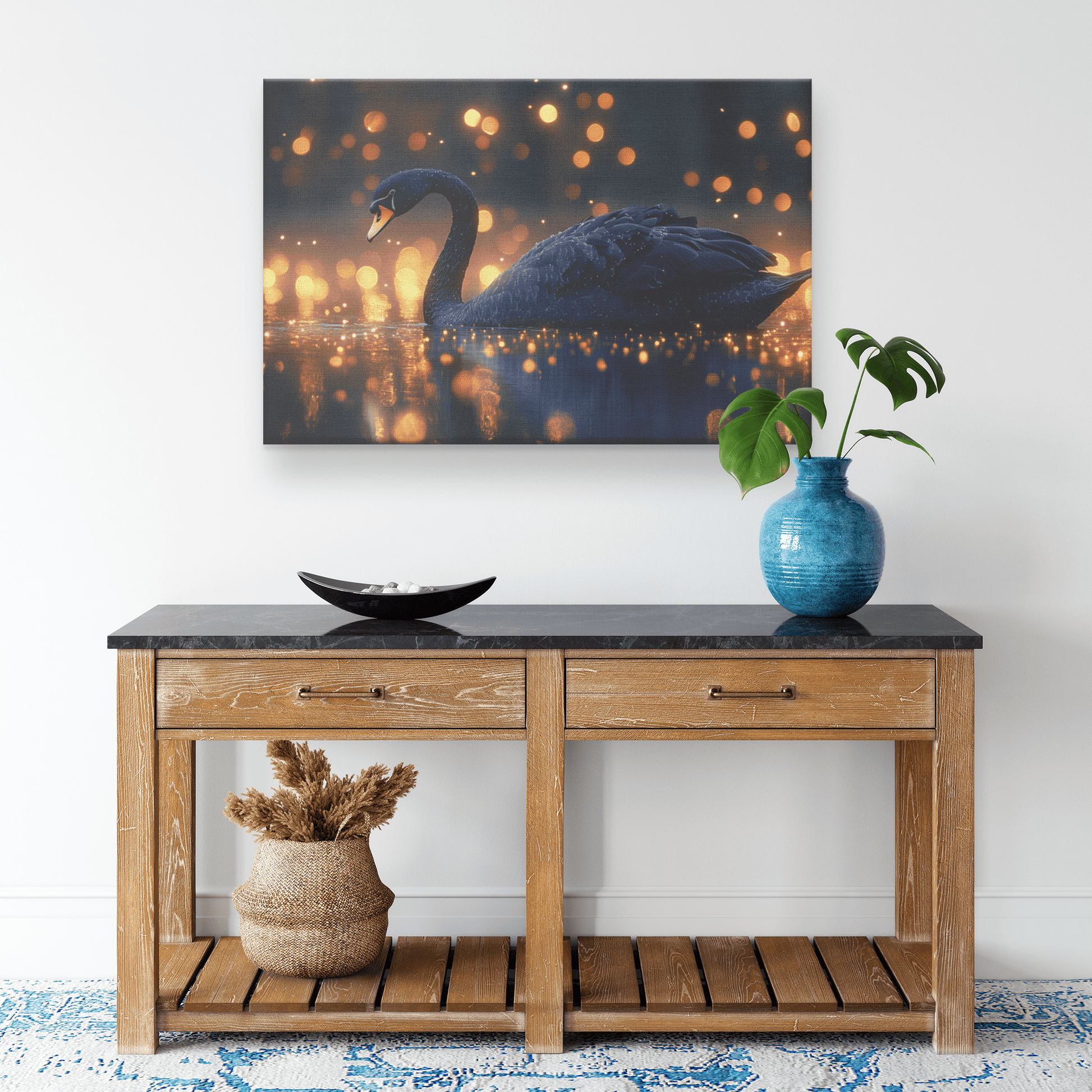Black Swan Swimming In Glowing Twilight Lake With Golden Fireflies And Silver Moonlight Canvas Wall Art Decor - Awakening Righteousness