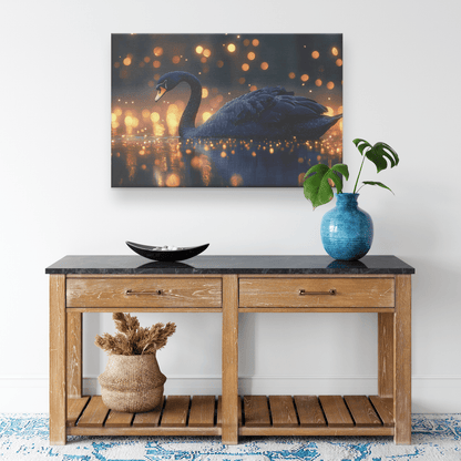 Black Swan Swimming In Glowing Twilight Lake With Golden Fireflies And Silver Moonlight Canvas Wall Art Decor - Awakening Righteousness