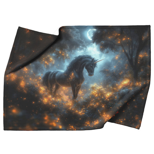 Black Unicorn Standing Majestically in Glowing Forest with Vibrant Plants and Misty Moonlight Fleece Sherpa Blanket - Awakening Righteousness