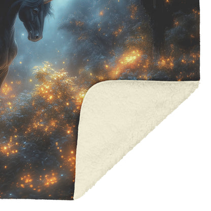 Black Unicorn Standing Majestically in Glowing Forest with Vibrant Plants and Misty Moonlight Fleece Sherpa Blanket - Awakening Righteousness