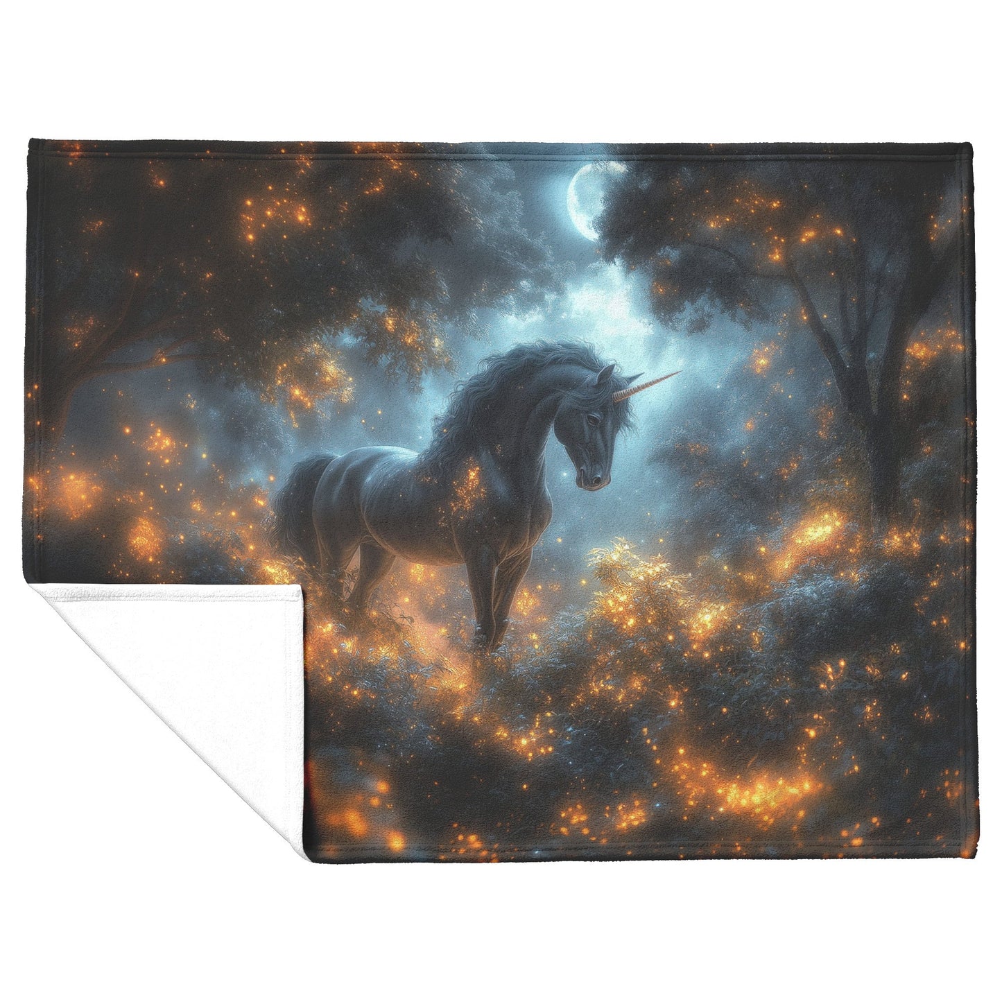 Black Unicorn Standing Majestically in Glowing Forest with Vibrant Plants and Misty Moonlight Fleece Sherpa Blanket - Awakening Righteousness