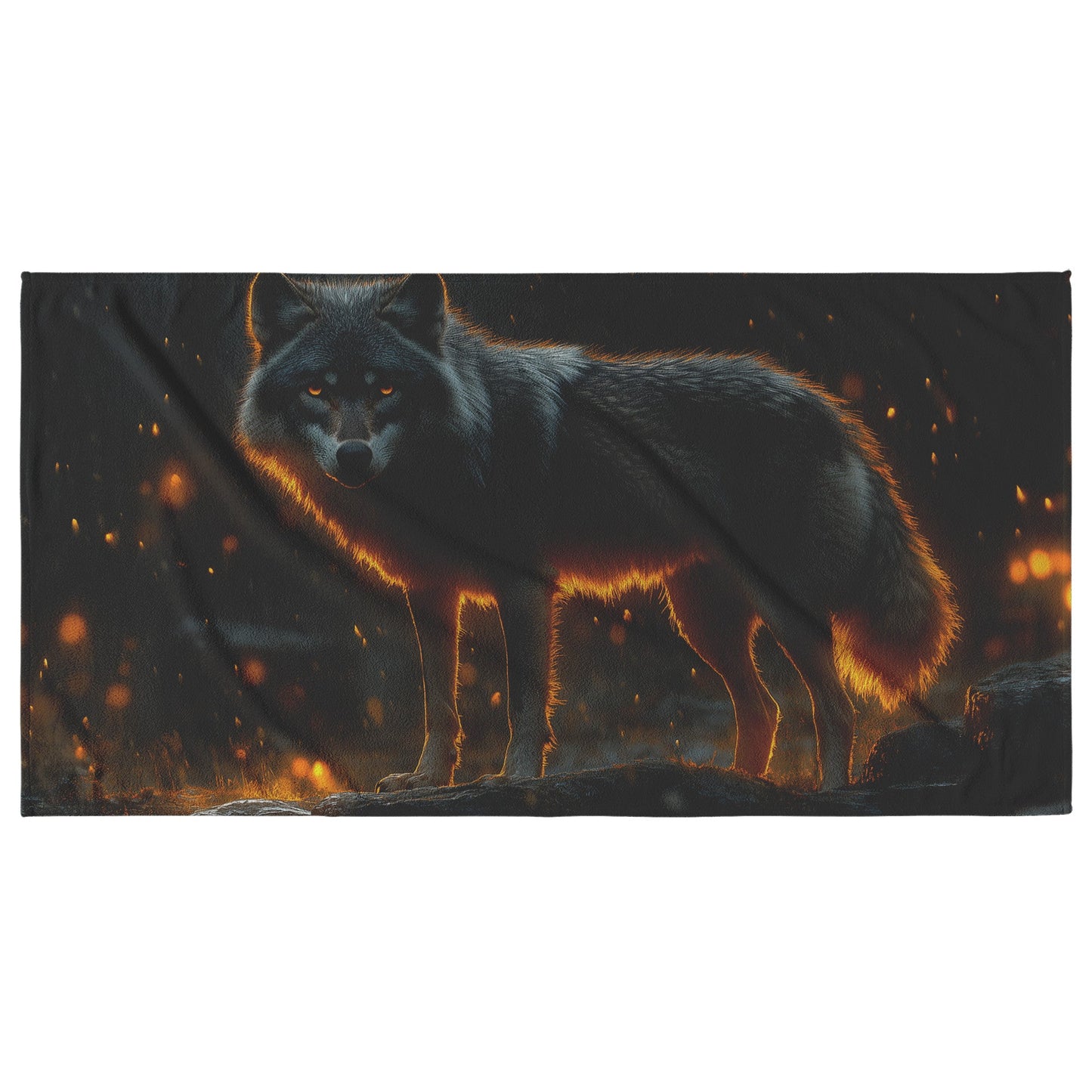 Black Wolf Standing on Glowing Rocky Ledge Under Stormy Twilight Sky Dramatic Lighting Wildlife Design Beach Towel - Awakening Righteousness