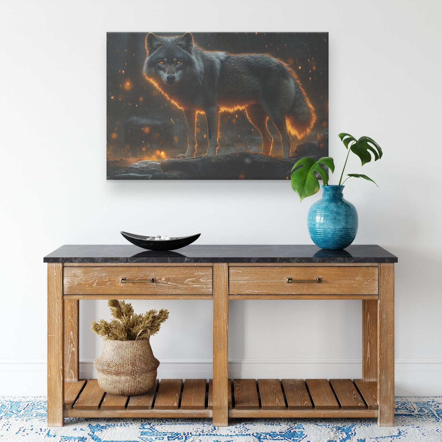 Black Wolf Standing Still on Glowing Rocky Ledge Under Stormy Twilight Sky Dramatic Lighting Canvas Wall Art - Awakening Righteousness