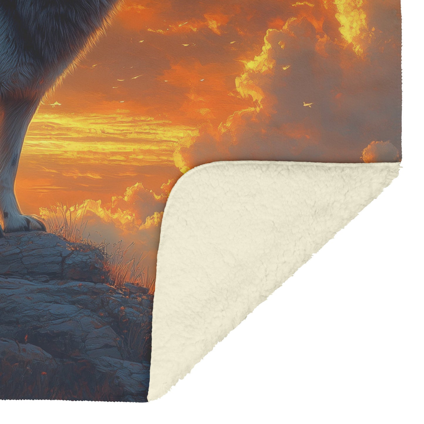 Black Wolf Standing Still on Glowing Rocky Ledge Under Stormy Twilight Sky Dramatic Lighting Cozy Sherpa Blanket - Awakening Righteousness