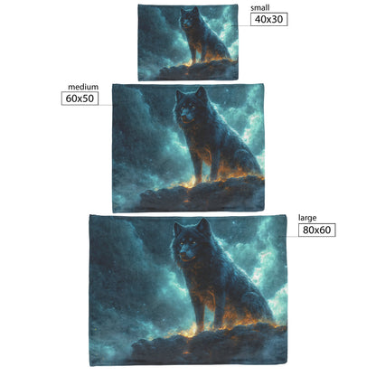 Black Wolf Standing Still on Glowing Rocky Ledge Under Stormy Twilight Sky Dramatic Lighting Cozy Sherpa Blanket - Awakening Righteousness