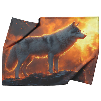 Black Wolf Standing Still on Glowing Rocky Ledge Under Stormy Twilight Sky Dramatic Lighting Cozy Sherpa Blanket - Awakening Righteousness