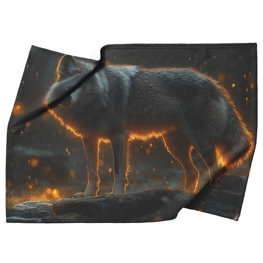 Black Wolf Standing Still on Glowing Rocky Ledge Under Stormy Twilight Sky Dramatic Lighting Cozy Sherpa Blanket - Awakening Righteousness