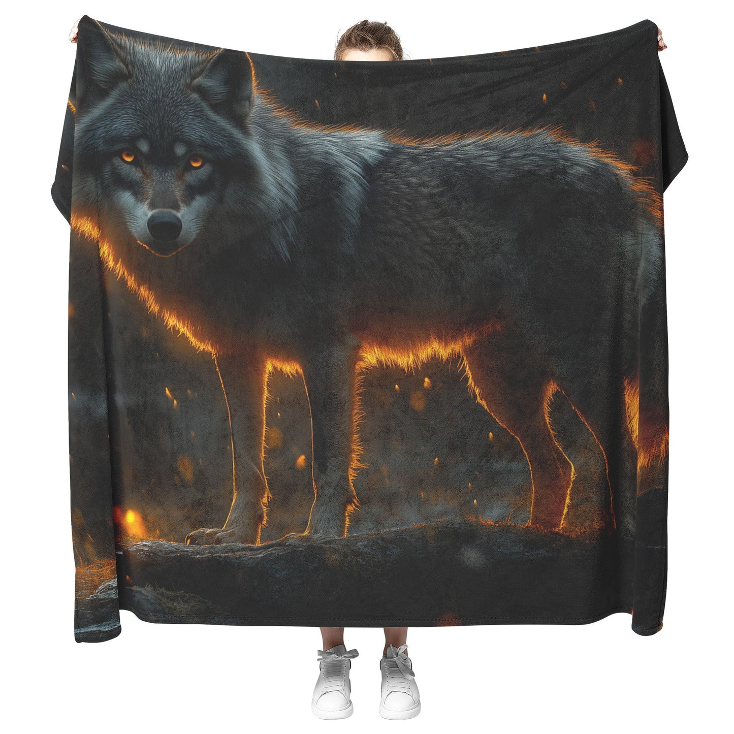 Black Wolf Standing Still on Glowing Rocky Ledge Under Stormy Twilight Sky Dramatic Lighting Cozy Sherpa Blanket - Awakening Righteousness