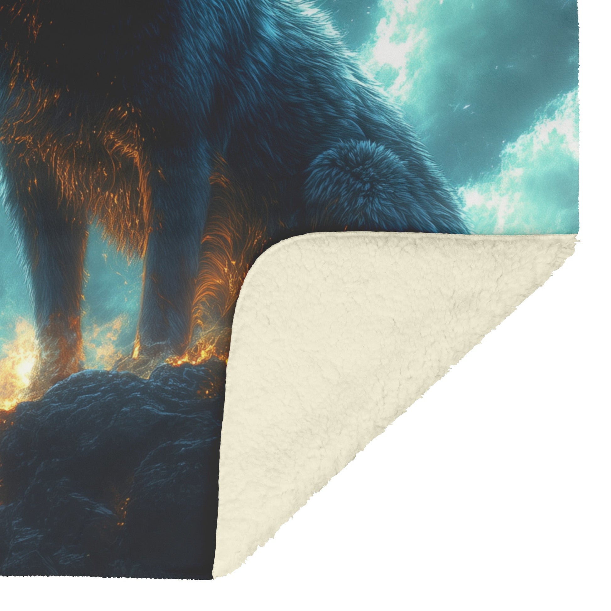 Black Wolf Standing Still on Glowing Rocky Ledge Under Stormy Twilight Sky Dramatic Lighting Cozy Sherpa Blanket - Awakening Righteousness