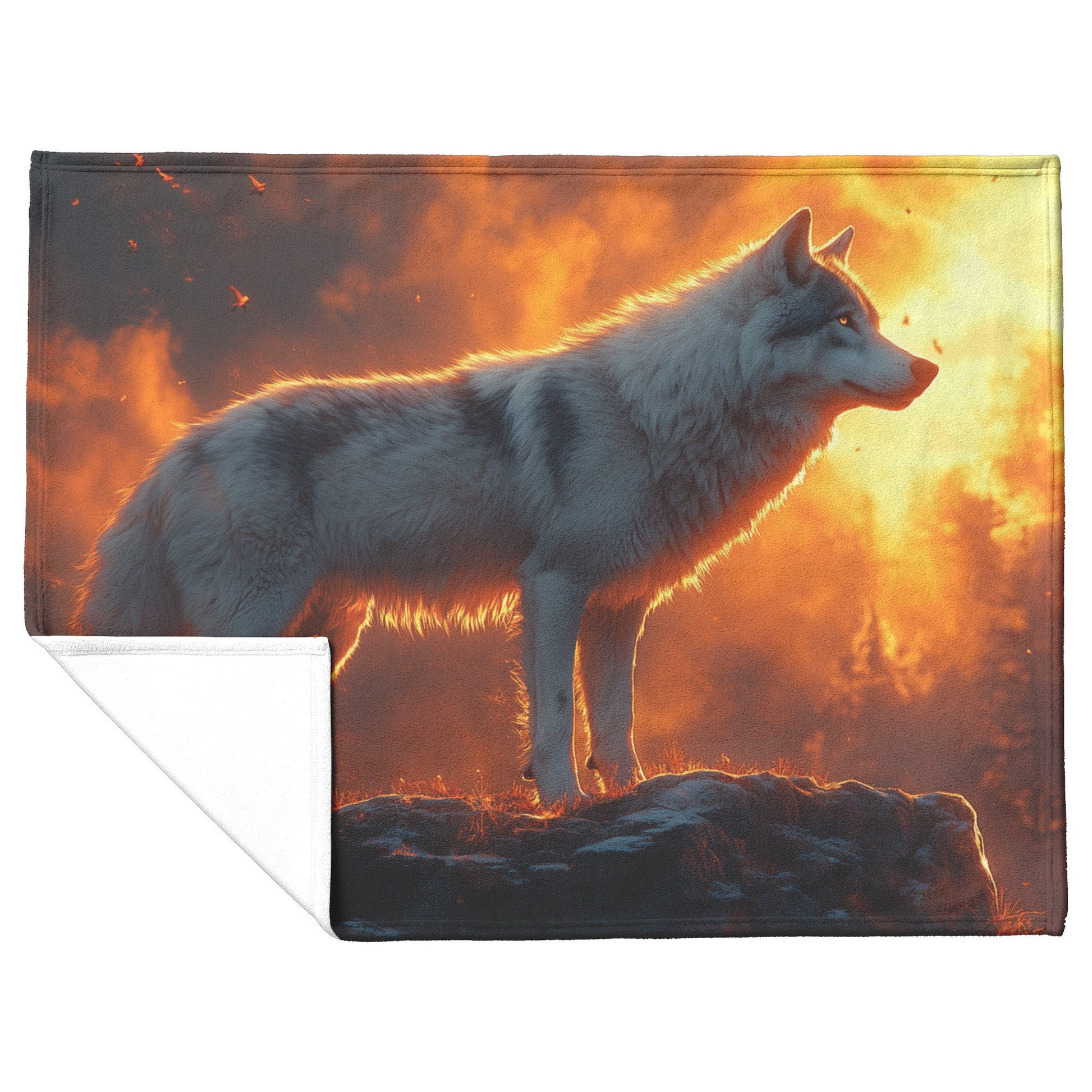 Black Wolf Standing Still on Glowing Rocky Ledge Under Stormy Twilight Sky Dramatic Lighting Cozy Sherpa Blanket - Awakening Righteousness