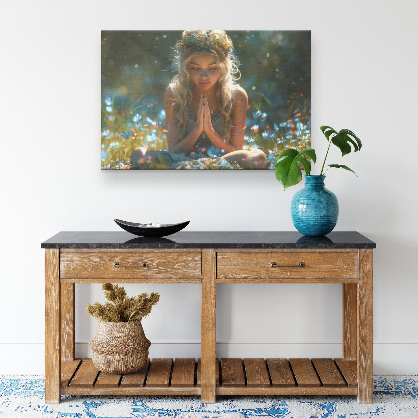 Blonde Girl Praying on Grass with Wildflower Crown Canvas Wall Art Decor - Awakening Righteousness