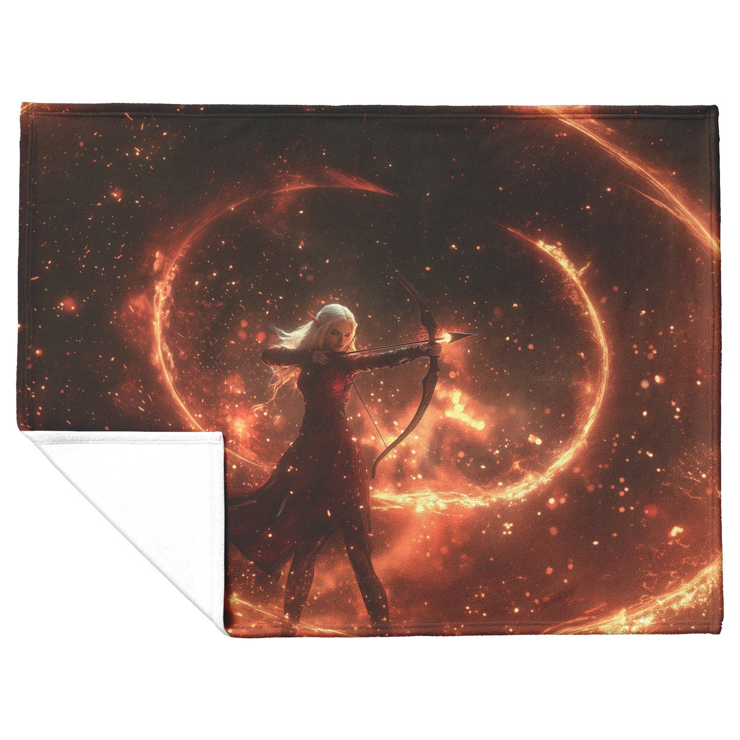 Blood Elf Hunter Fleece Sherpa Blanket Crimson Armor Glowing Bow Golden Shimmer Cosmic Highlights WoW Design - Awakening Righteousness