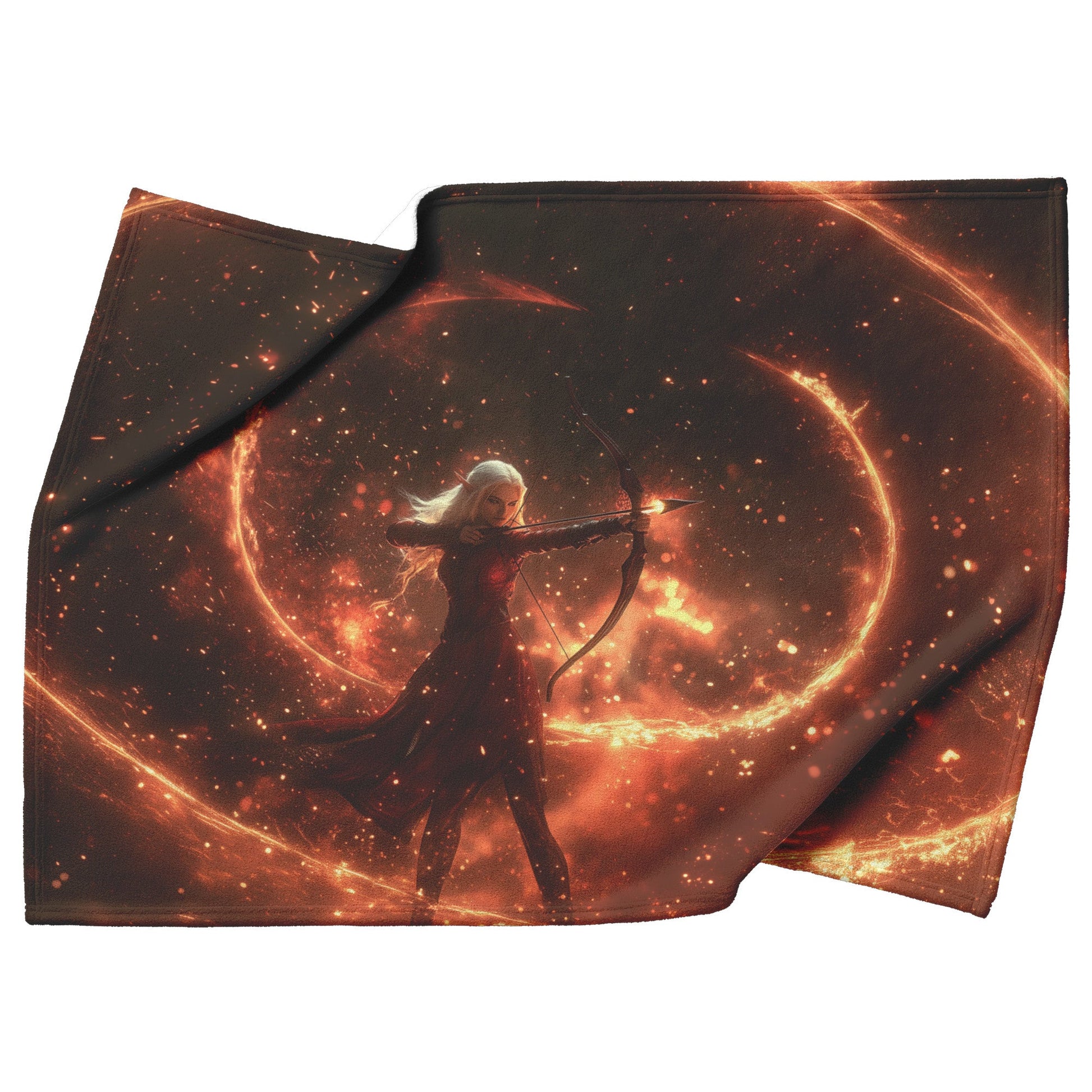 Blood Elf Hunter Fleece Sherpa Blanket Crimson Armor Glowing Bow Golden Shimmer Cosmic Highlights WoW Design - Awakening Righteousness